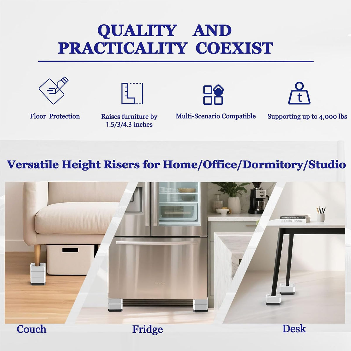 Bed Risers Heavy Duty, Adjustable Furniture Riser Blocks Lift 1.5, 3, 4.3 inches for Couch Table Desk Sofa Chair Legs, Refrigerator, Washing Machine - Support up to 4000 lbs (White 4 Pack, 4.3 inch)