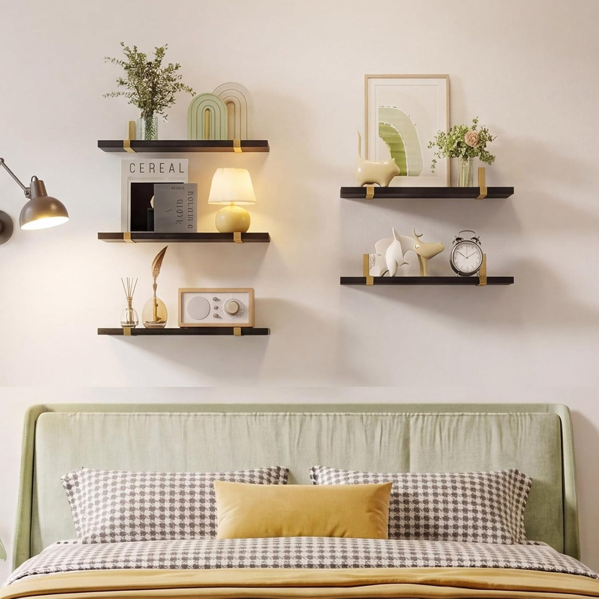 Fixwal Width 4.75 Inches Floating Wall Shelves, Set of 5, Black Gold