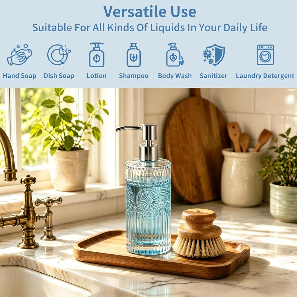 Vintage Glass Soap Dispenser, 16 fl oz Refillable Liquid Hand Soap Bottle with Pump, Sunflower Embossed Dish Soap Dispenser for Bathroom, Kitchen, Shower (Clear)