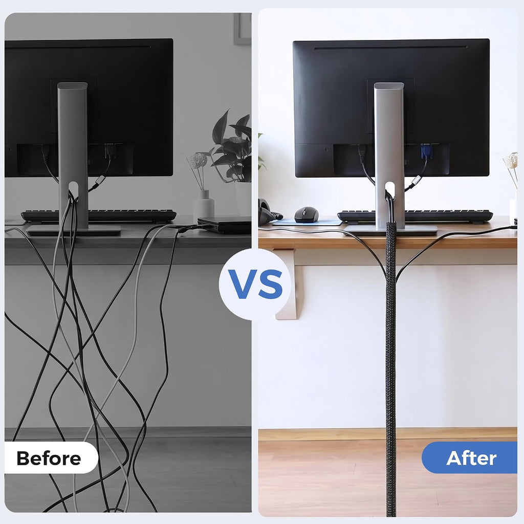 Delamu 10ft - 1/2 inch Cable Sleeve Cord Protector from Pets No Chew, Split-Braided PVC Wire Loom Tubing for Desk Computer USB TV Cord Organizer, Easy Set-up Cable Management Sleeve Kit, Black