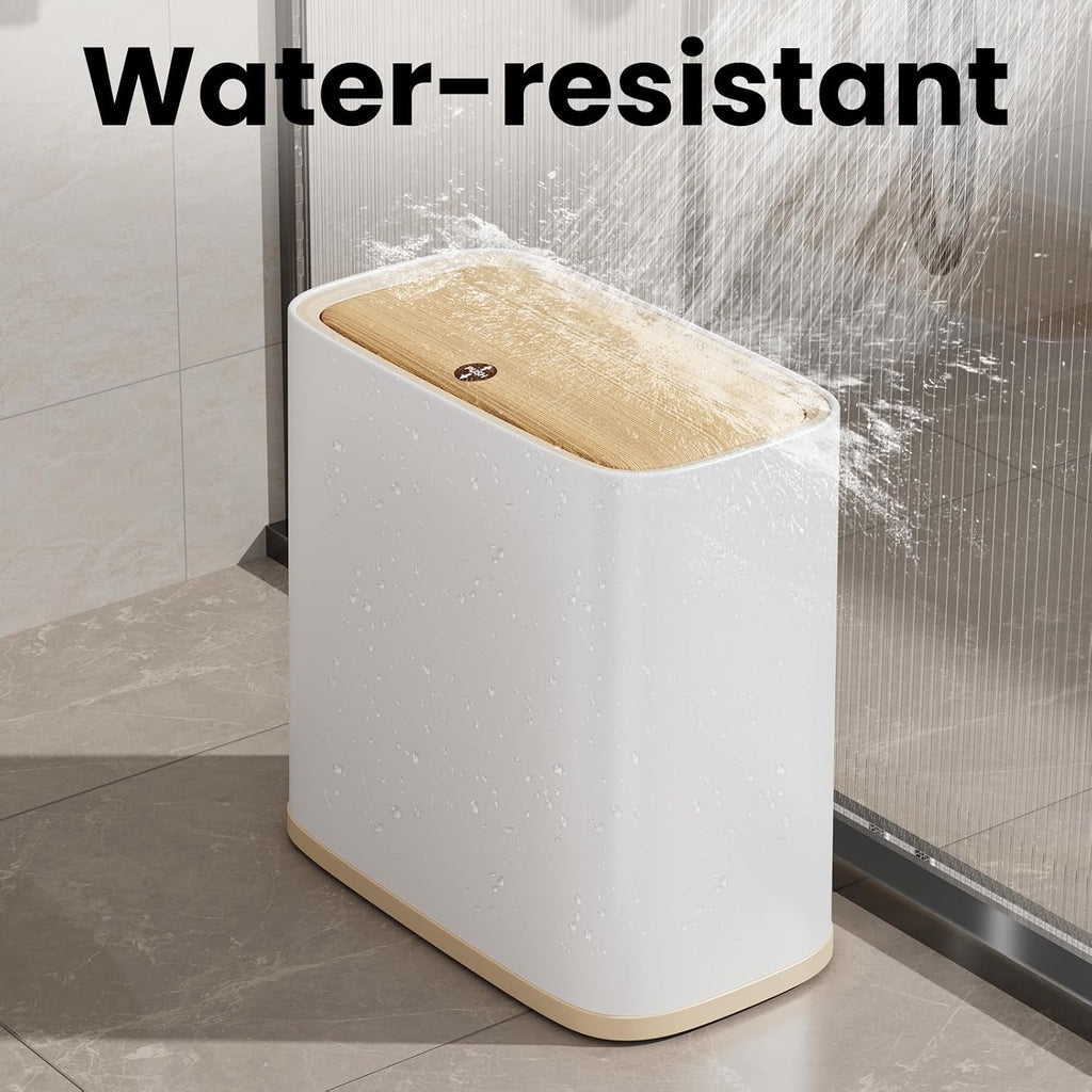 Bathroom Trash Can with Lid and Wheels, 2.6 Gal, Air Vent, Faux Wood Top