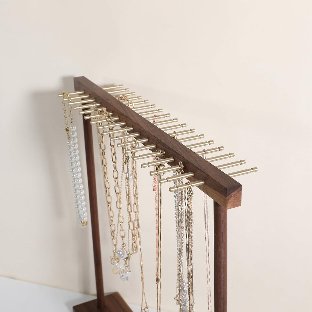 Large necklace hanger shelf with 17 copper bars, Wooden jewelry storage organizer rack for hanger necklace bracelet, necklace display stand for boutique store【Walnut】
