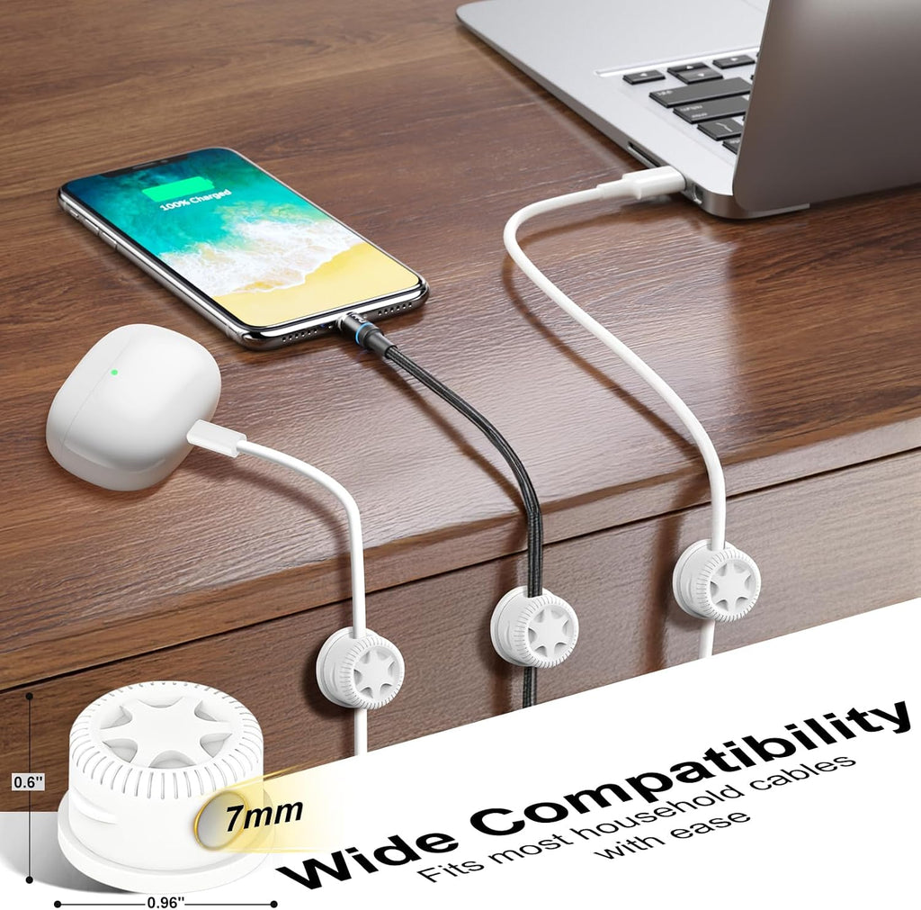 6Pack Cord Organizer Magnetic Cable Clips, 360° Rotation Cable Clips - Adjustable Cord Holder for Nightstand, Adhesive Cable Management Cord Clips, Cable Holder & Charger Organizer（White