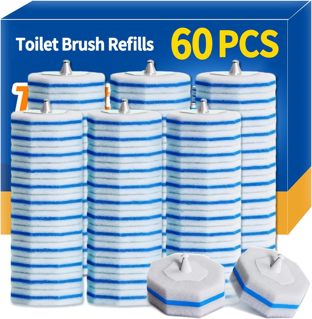 60pcs Disposable Toilet Brush Refill Pads, Replacement Brush Heads, Toilet Cleaner Refills，Disposable Wand Heads，Bathroom Cleaning，Toilet Cleaning Scrubbers Compatible with Most Toilet Brushes