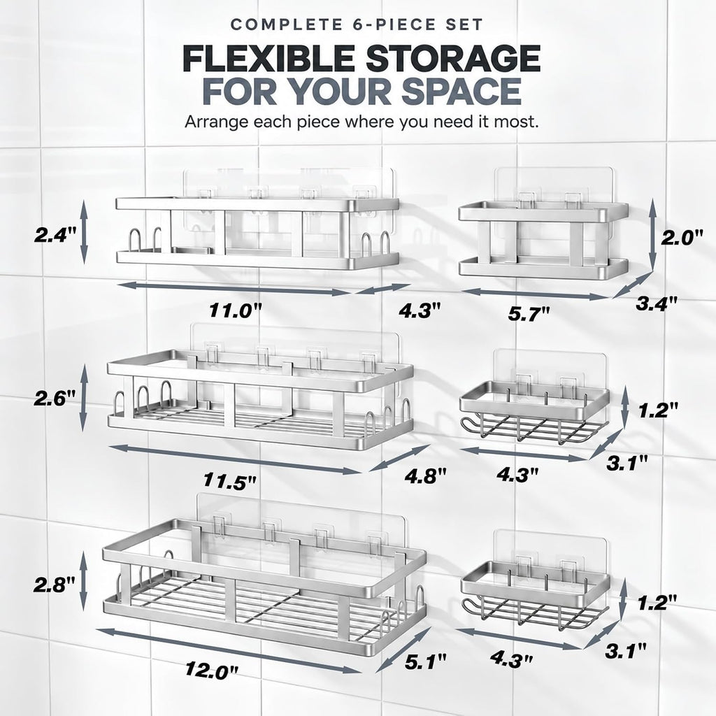 Youvip 6 Pack Shower Shelves, No Drilling Shower Organizers, Silver
