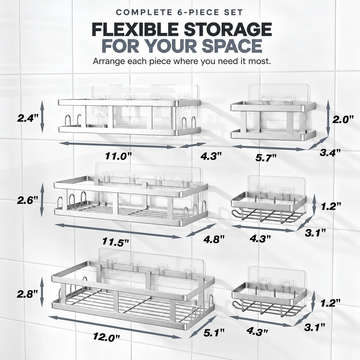 Youvip 6 Pack Shower Shelves, No Drilling Shower Organizers, Silver