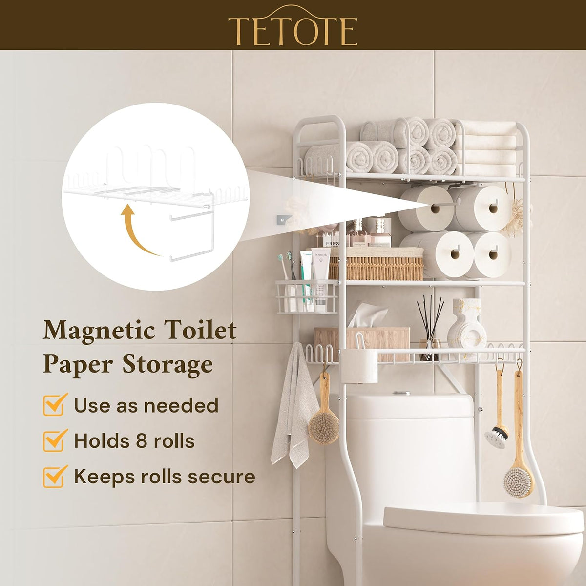 TETOTE Over the Toilet Storage Cabinet, 3-Tier White Bathroom Shelves Over Toilet with Toilet Paper Roll Holder, Freestanding Metal Rack