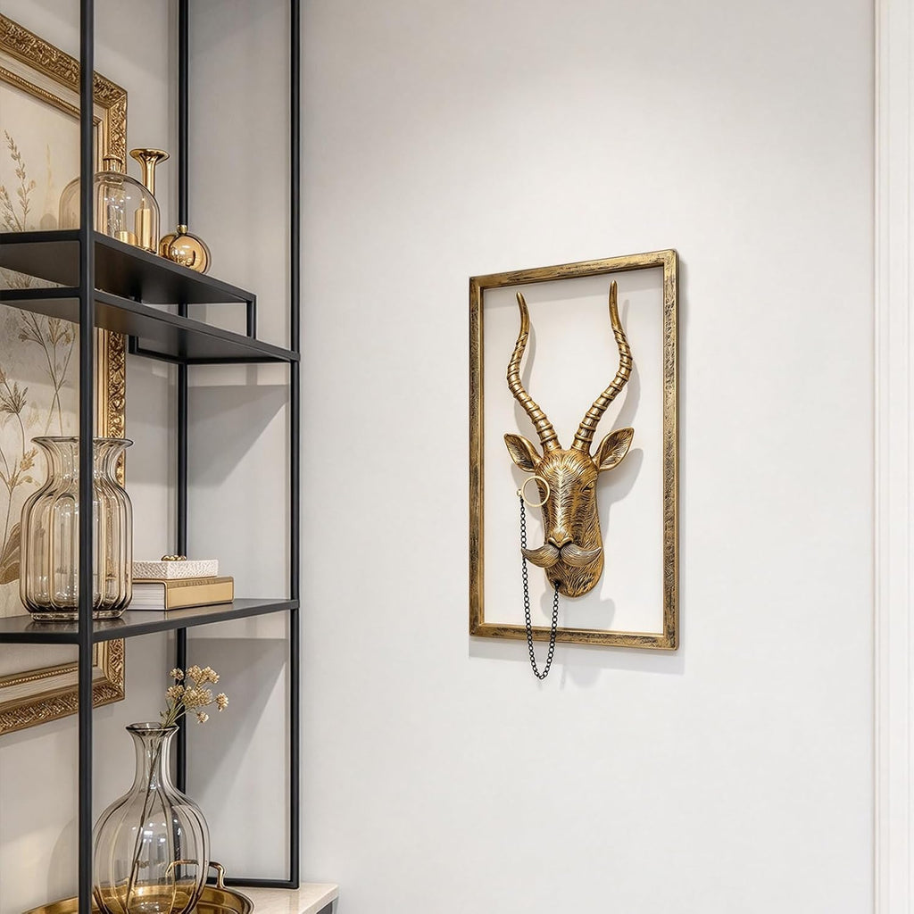 Newinhome Animal Heads Wall Decor (Includes Metal Frame) Resin Animals Sculptures Head Wall Hanging Decoration Gold vintage Wall Sculpture for Living Room Bedroom Office(Antelope)