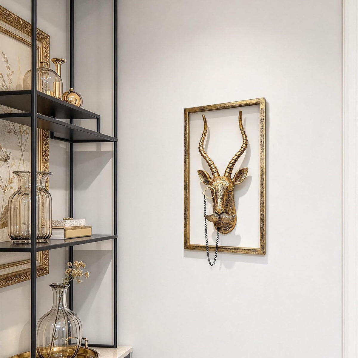 Newinhome Animal Heads Wall Decor (Includes Metal Frame) Resin Animals Sculptures Head Wall Hanging Decoration Gold vintage Wall Sculpture for Living Room Bedroom Office(Antelope)