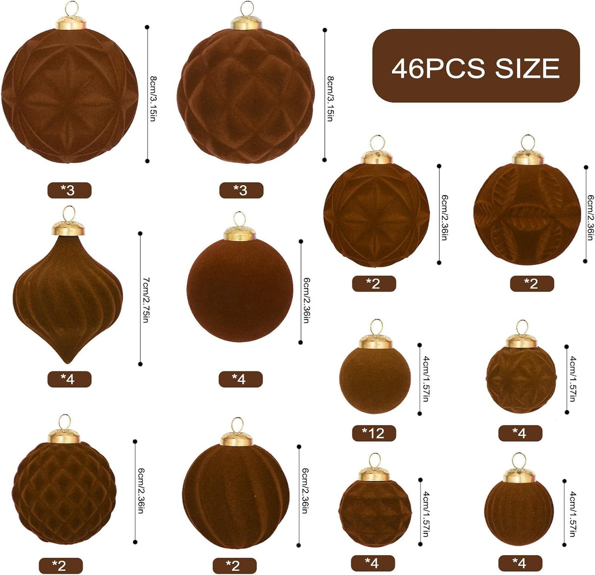 46PCS Velvet Christmas Ball Ornaments Set, Flocked Shatterproof Xmas Tree Decor, Assorted Hanging Ornaments with Loop for Holiday Home Decor, Christmas Tree Decoration (Brown)