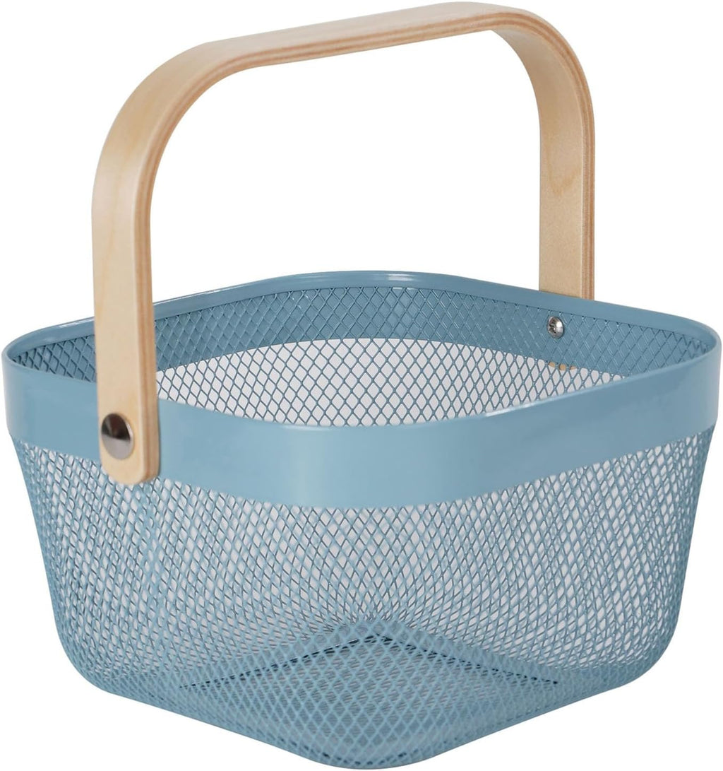 AJIODA Metal Mesh Wire Basket, Mini Steel Basket with Wooden Handle Storage Organizer Basket Multi-functional Hanging Kitchen Baskets Fruit Baskets for Kitchen Bathroom Cabinet Pantry Snacks, Blue