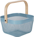 AJIODA Metal Mesh Wire Basket, Mini Steel Basket with Wooden Handle Storage Organizer Basket Multi-functional Hanging Kitchen Baskets Fruit Baskets for Kitchen Bathroom Cabinet Pantry Snacks, Blue