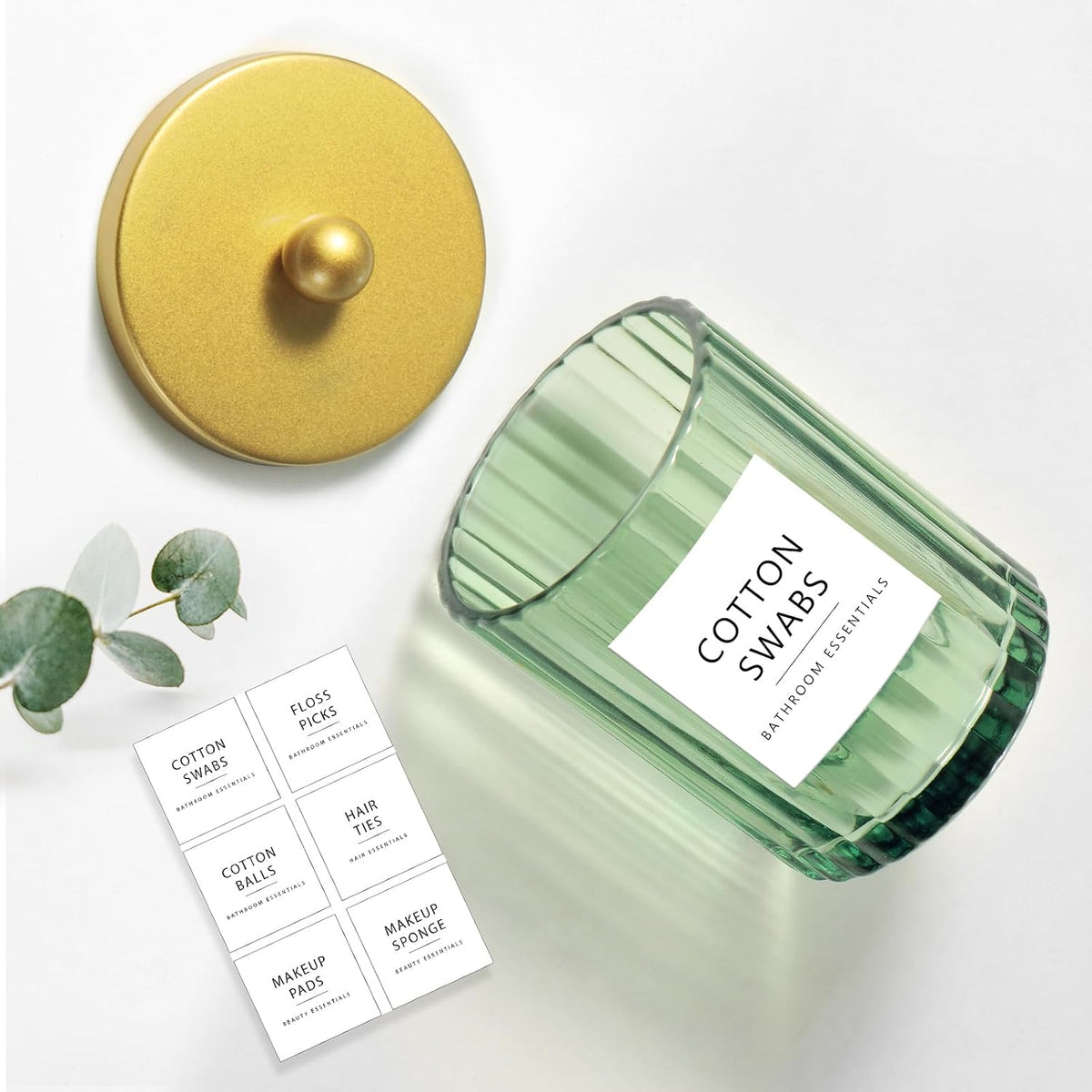 Amolliar Green Glass Qtip Holder Dispenser, Bathroom Canister, Gold 2 Pack