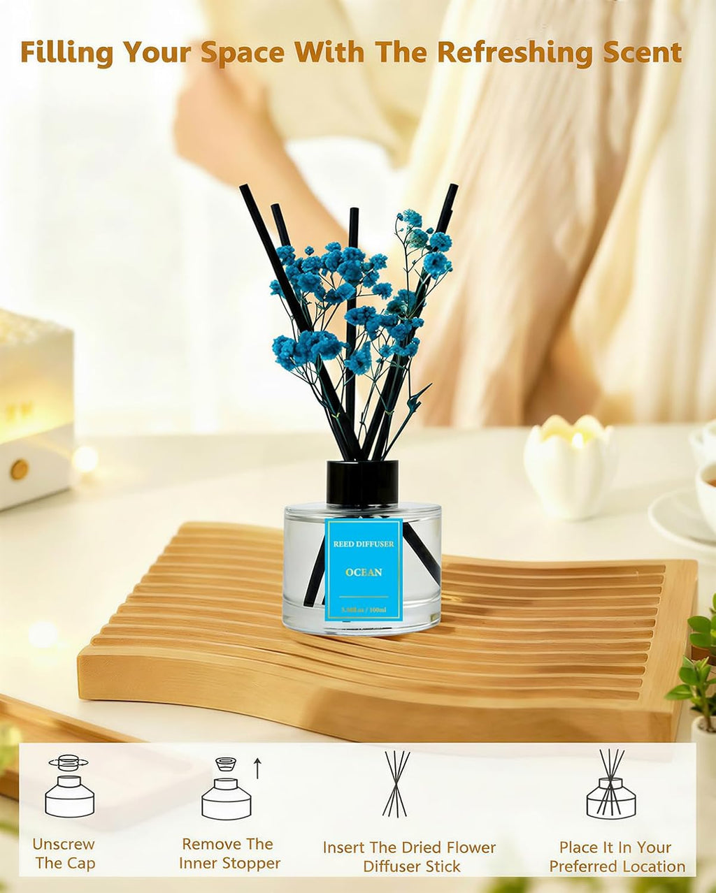 Reed Diffuser Set-Ocean Scent 3.38 fl oz,Scent Long