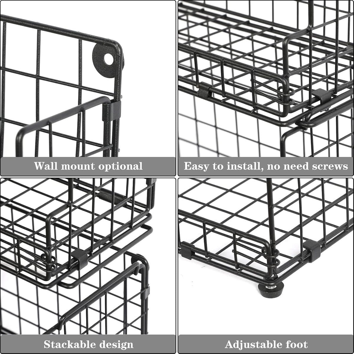 X-cosrack Stackable Wire Basket 3 Tier Countertop& Wall Mounted Metal Storage Basket for Kitchen Pantry Cabinet, Muti-functional Open Front Bin Organizer for Food Fruit Snack, Black