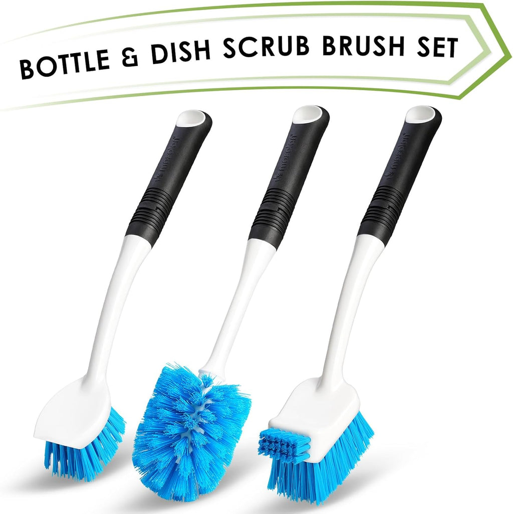 MOSOLAN Dish Brush Set of 3 with Bottle Brush, Dish Scrub Brush, Round Head