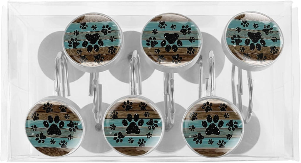 12 Pcs Teal Brown Wood Grain Galaxy Paws Shower Curtain Hooks, Decorative Shower Curtain Rings for Bathroom, Stainless Steel Rustproof Curtain Rings Hangers for Shower Curtain Rod