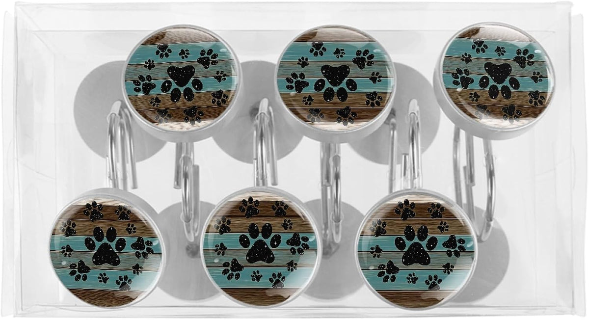 12 Pcs Teal Brown Wood Grain Galaxy Paws Shower Curtain Hooks, Decorative Shower Curtain Rings for Bathroom, Stainless Steel Rustproof Curtain Rings Hangers for Shower Curtain Rod