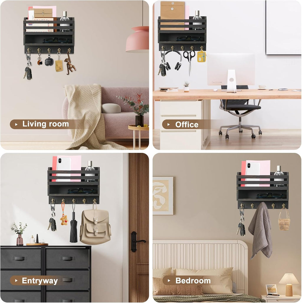 Key Holder Wall Mount with Mail Organizer, 5 Key Hooks, Black