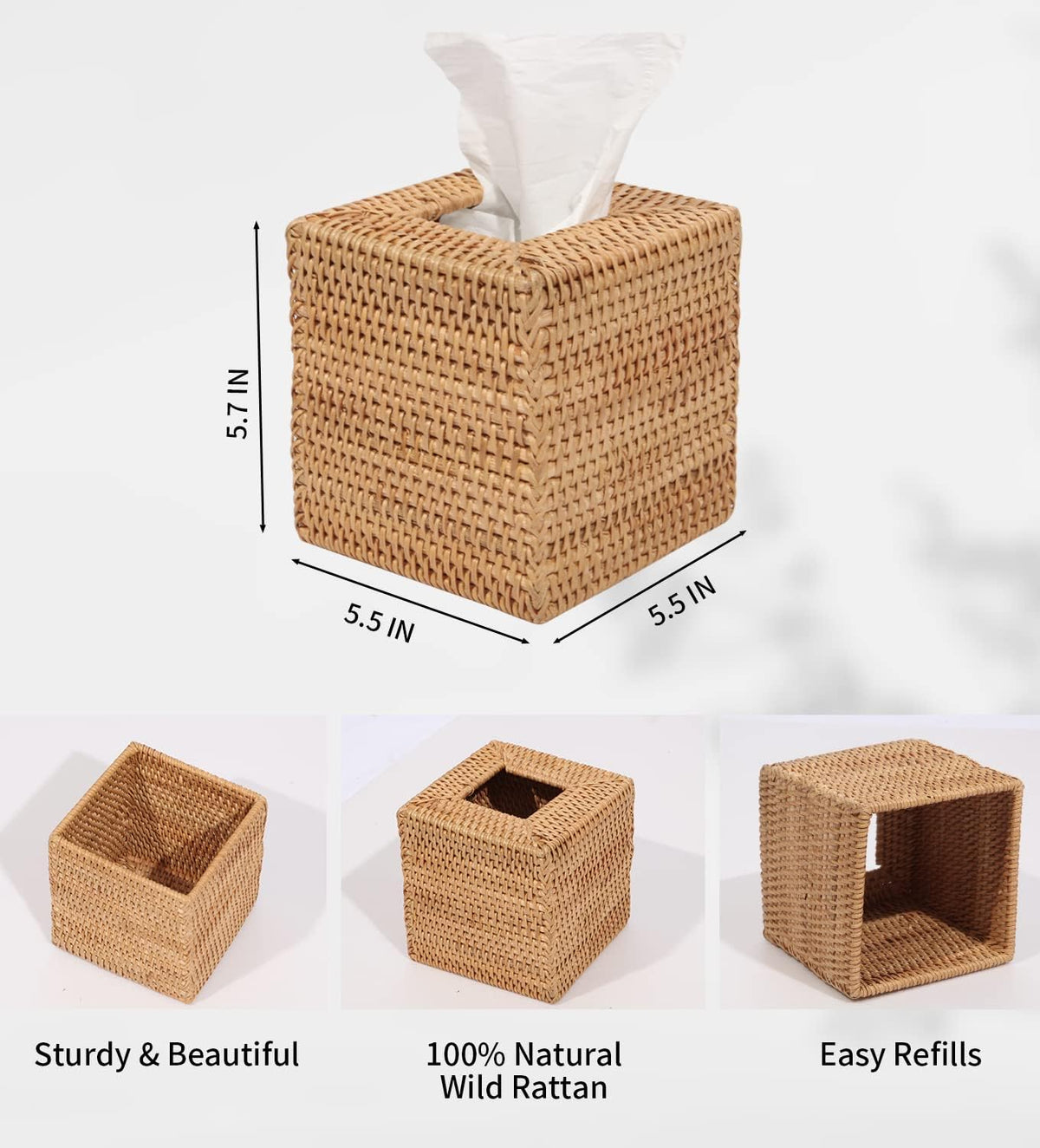 Livelab Rattan Tissue Box Cover, Square Hand Woven Natural Wicker Tissue Box Holder, Decorative Facial Napkin Holder Tissue Box Organizer Dispenser | Natural