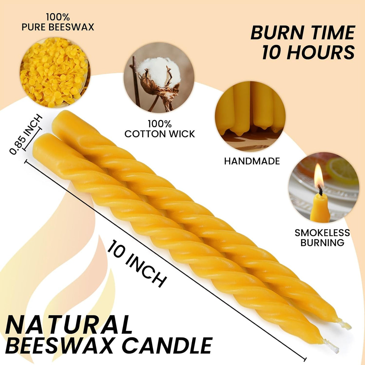 16PCS 10-Inch Pure Beeswax Spiral Taper Candles, Natural Raw, Dripless