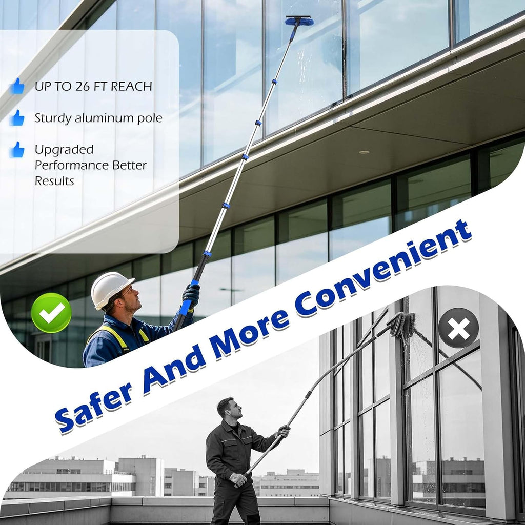 26FT Reach Window Squeegee Kit with Extension Pole, 2-in-1 Window Squeegee