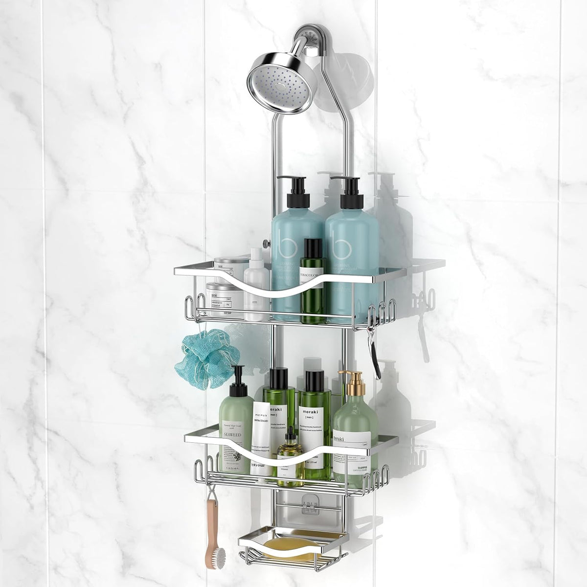 REINHARDT Adjustable Shower Caddy Hanging Over Shower Head, Silver