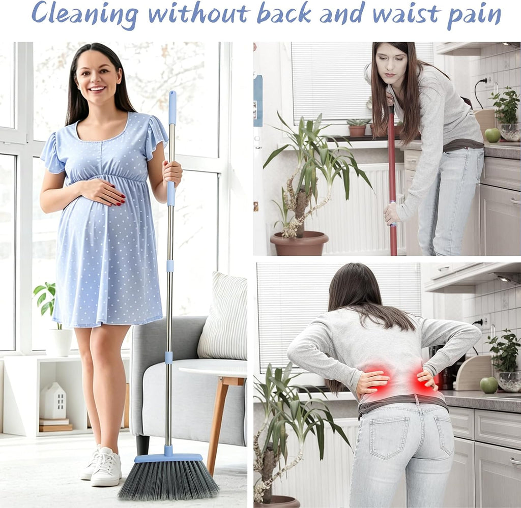 Broom and Dustpan Combo Set, Long Handle and Standing Dust Pan with Comb Teeth, Efficient Floor Cleaning for Kitchen, Outdoor, Dorm, Apartment, Office Lobby (Gray Blue)