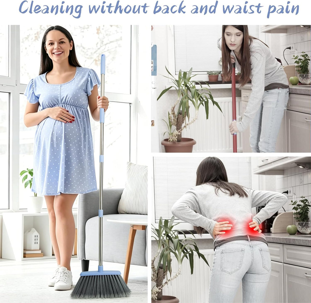 Broom and Dustpan Combo Set, Long Handle and Standing Dust Pan with Comb Teeth, Efficient Floor Cleaning for Kitchen, Outdoor, Dorm, Apartment, Office Lobby (Gray Blue)