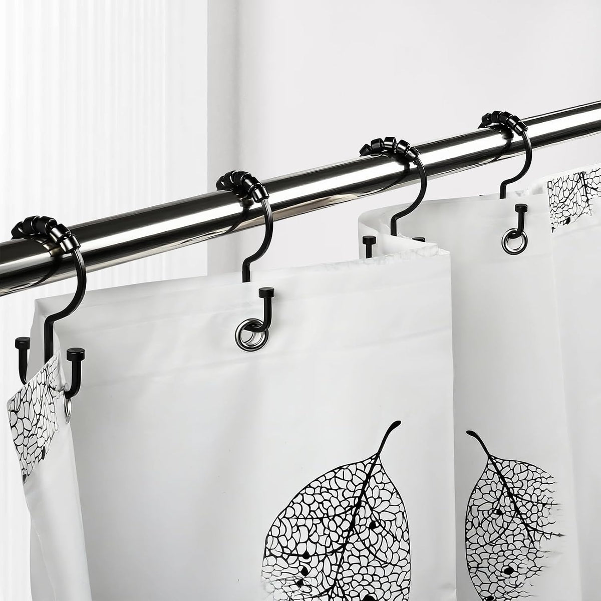 BBV Shower Curtain Hooks Rings, 12 Pcs Rust Resistant Metal Double Glide Shower Hooks for Bathroom Shower Rods Curtains(Black)