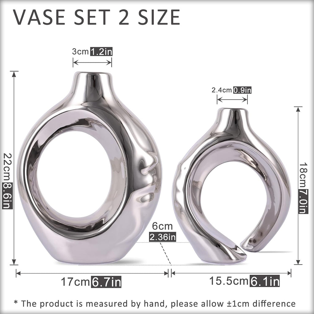 Silver Ceramic Vase Set of 2, Modern Donut Vases for Living Room Decor