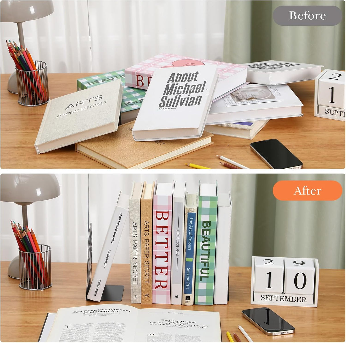 5 Pairs Metal Book Ends for Shelves, School Decorative Bookends,Modern