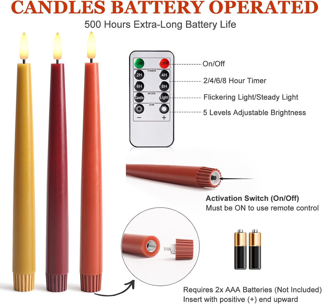 Fall Decor, Fall Decorations for Home, Flameless Taper Candles, Set of 3