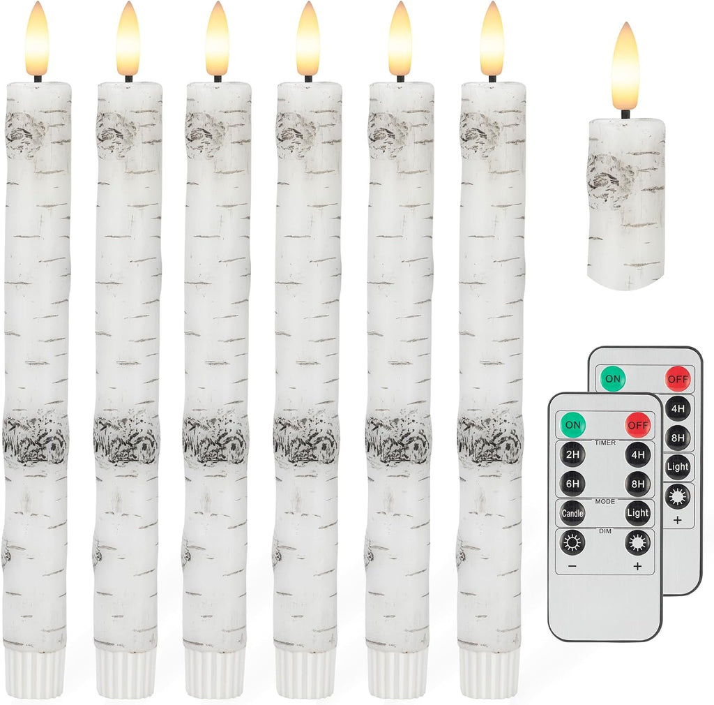 Birch Bark Flameless Taper Candles with 3D Wick, 9.6" Real Wax LED Candles