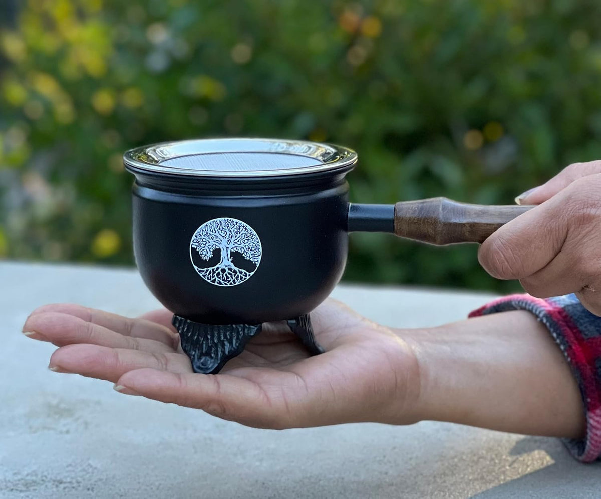 Large Metal Charcoal Incense Burner with Wooden Handle (Tree of Life)