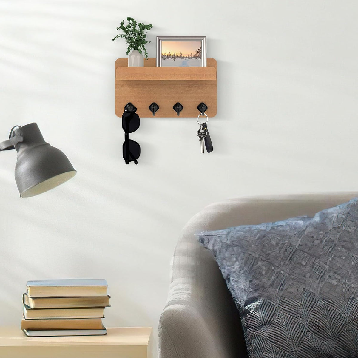 Nekon Key Holder Wall Mount, 8.5 Inch Small Wooden Wall Organizer, Wood