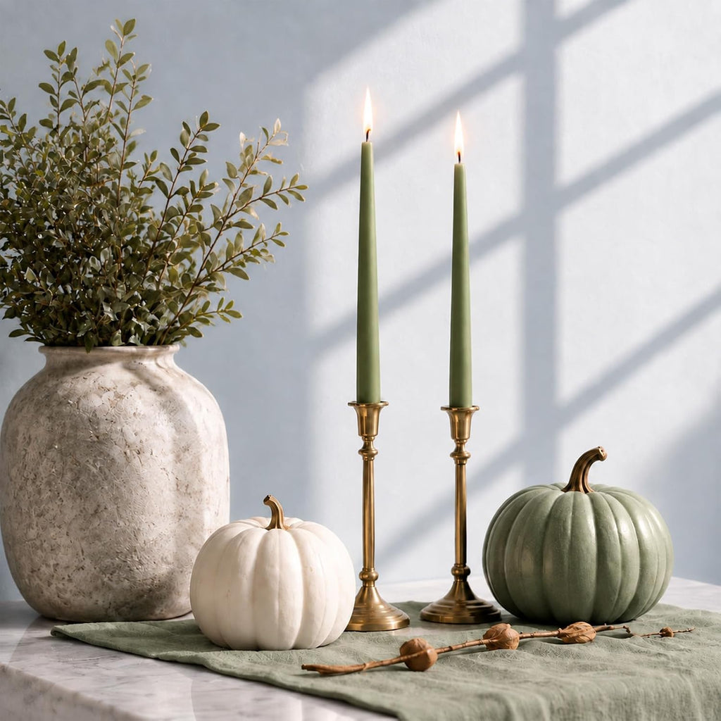 Green Beeswax Taper Candles,8" Long Candlestick,smokeless dripless unscented Natural Beeswax Candles.for Gift,Mother's Day (Green, 12 Pack)