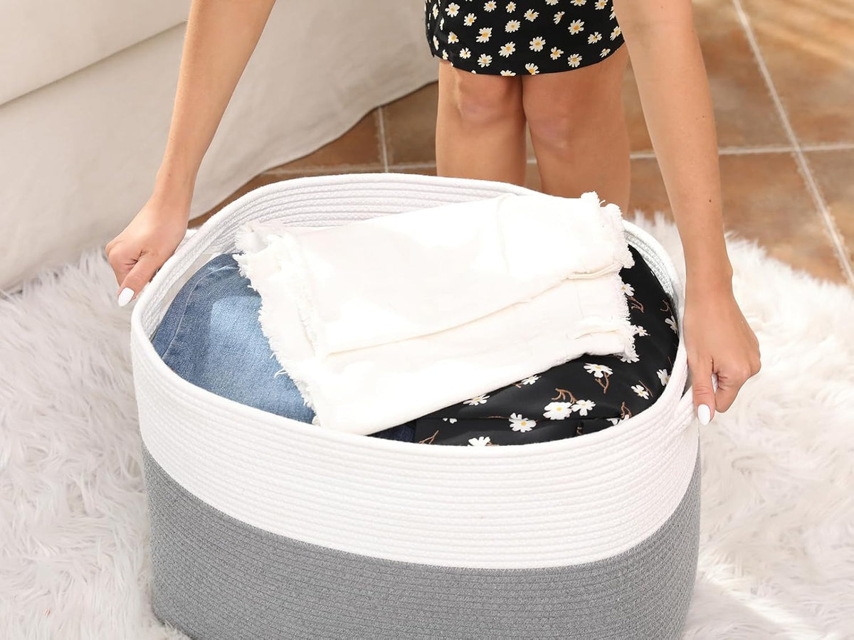 20x12x16 Inch Cottonphant Extra Large Rectangular Basket, Open Cotton Rope Blanket Storage Bin for Living Room Bedroom Closet, White & Grey