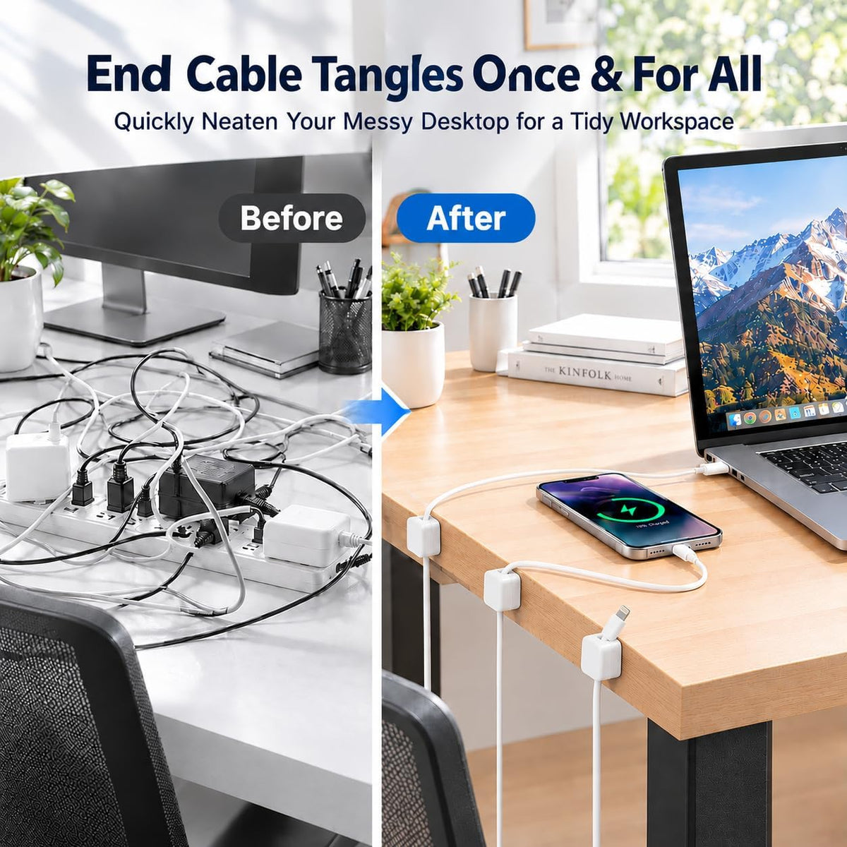 10 Pack Cord Organizer, Magnetic Cable Management, Cord Holder for Desk, Adhesive Cable Clips Wire Keeper for Nightstand, Home, Office, Desktop, Car, Wall (Multicolored)