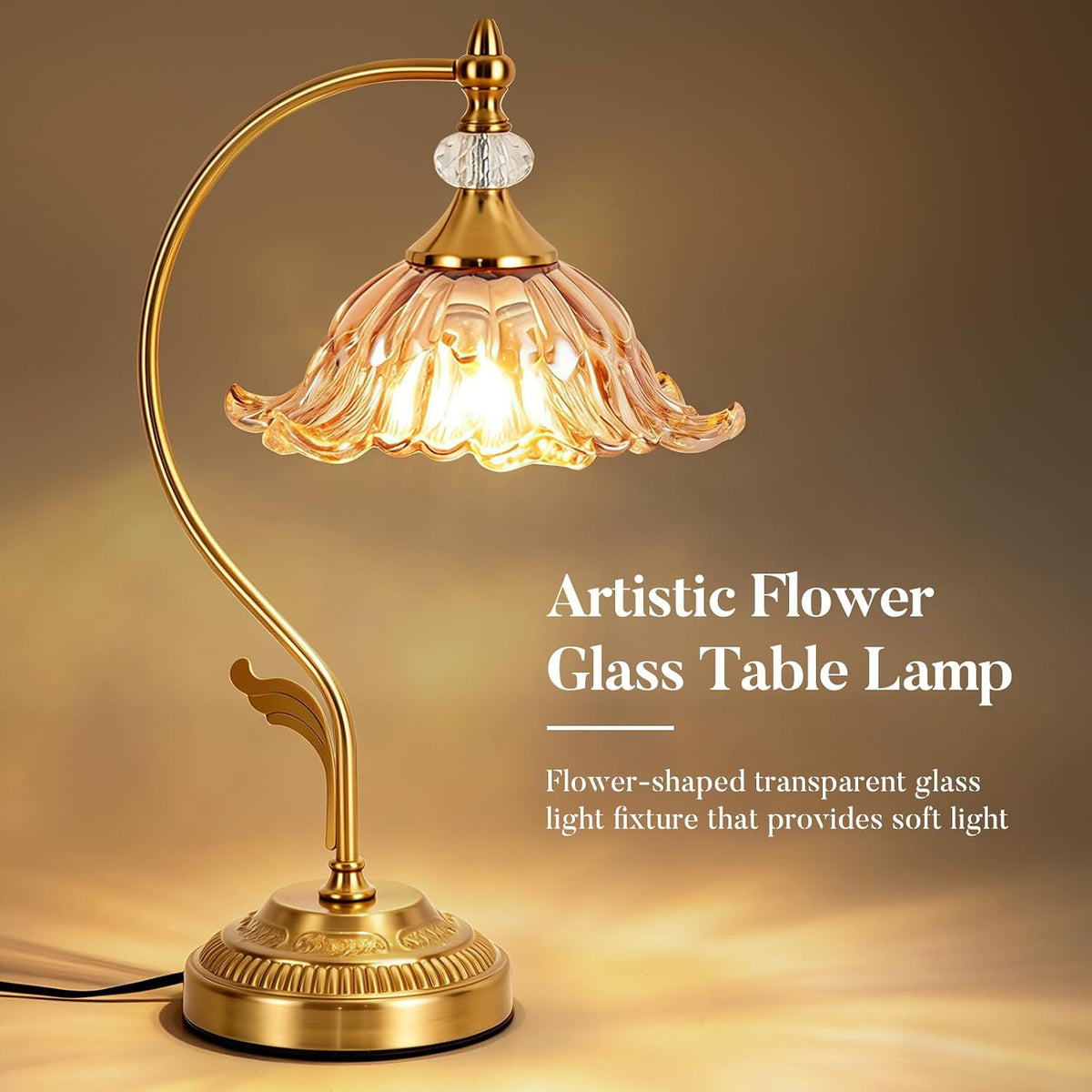 Vintage Floral Table Lamp, Plug in Mid-Century Modern Desk Lamp with Amber Glass Shade, Gold Bedside Table Lamp Dimmable for Bedroom Living Room Home Office, E26 Base, UL Listed