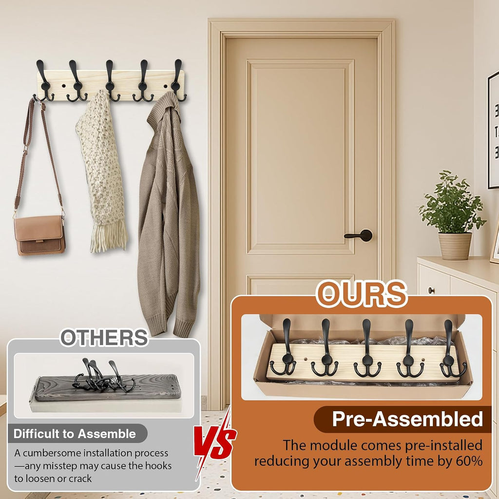 Wooden Coat Rack Wall Mount Heavy Duty, 2 Pack Coat Hanger Wall Mount with 5 Triple Hooks for Clothes, Jacket, Hat, Keys, Space Saving Entryway Organizer for Mudroom (Natural Plate & Black Hooks)