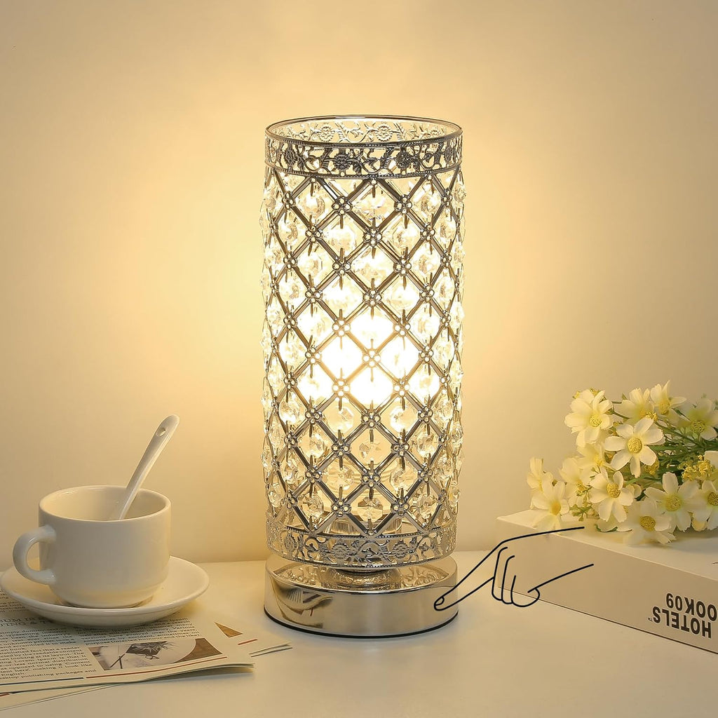 Crystal Table Lamp, 3 Way Touch Control Dimmable Bedside Nightstand Lamp