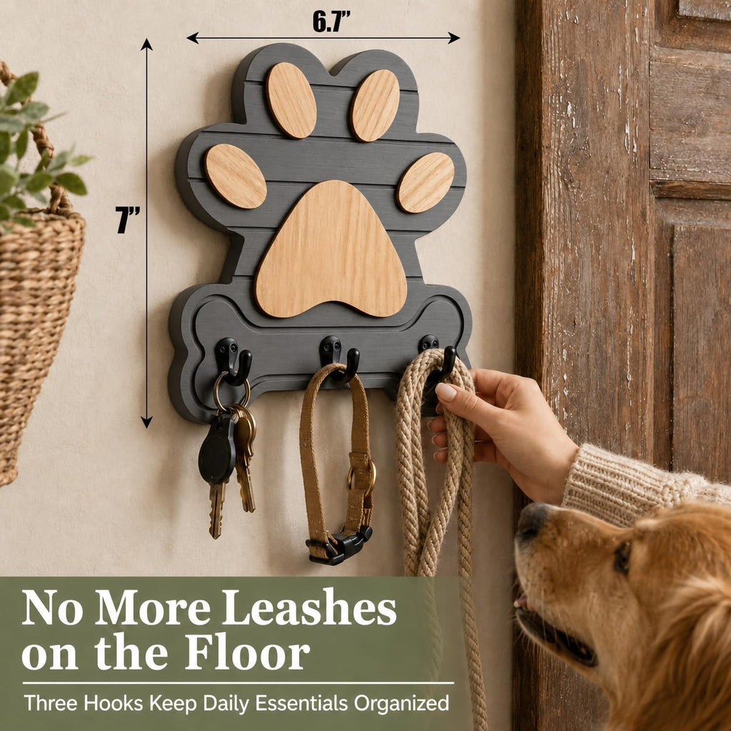 2pcs Dog Leash Holder for Wall, Dog Leash Holder, Dog Leash Hooks for Wall,Dog Leash Hanger,Dog Paw Key Holder,Wall Mounted Dog Leash and Key Holder,Rustic Pine Wood Decor for Home Entryway（Grey）