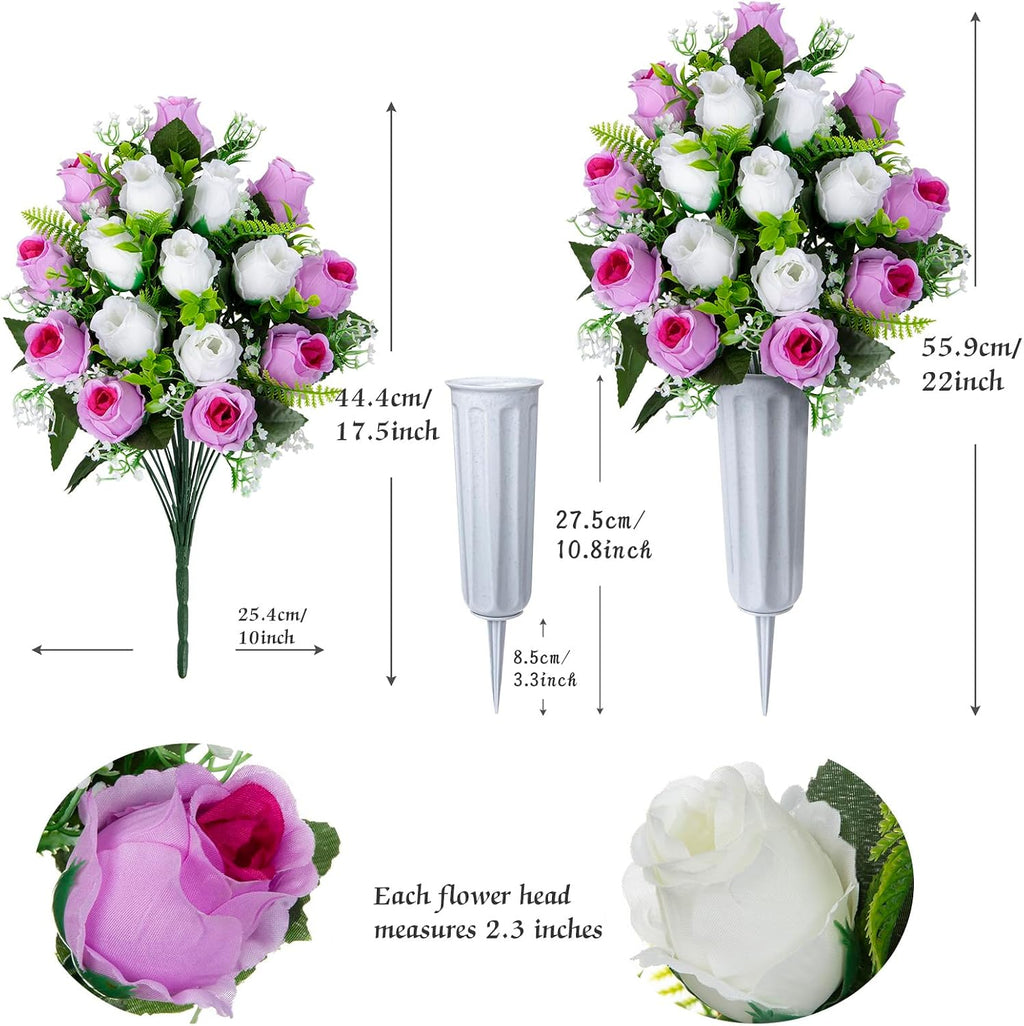 Set of 2 Artificial Cemetery Flowers with Vase, Artificial Grave Flowers Outdoor Memorial Rose Bouquets for Cemetery Headstone Graveyard Decor (Pink White)