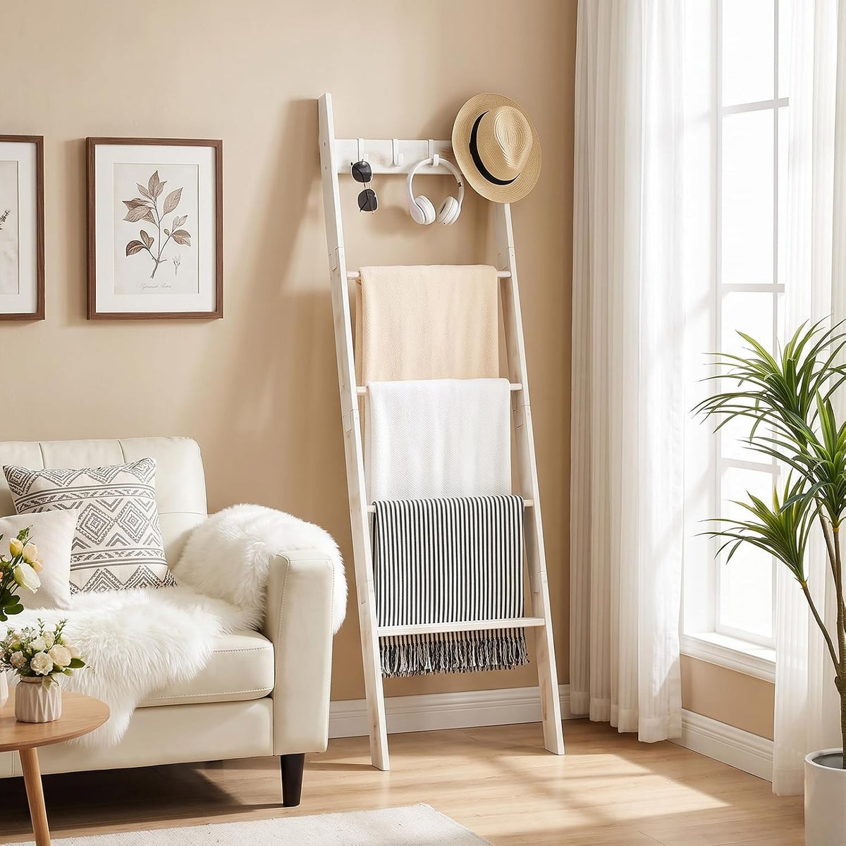 HOOBRO Blanket Ladder for Living Room and Bedroom, 5-Tier Wall Leaning Towel Rack for Bathroom, Decorative Ladder Shelf with 4 Removable Hooks, Farmhouse Blanket Storage, White WW51CJ01G1