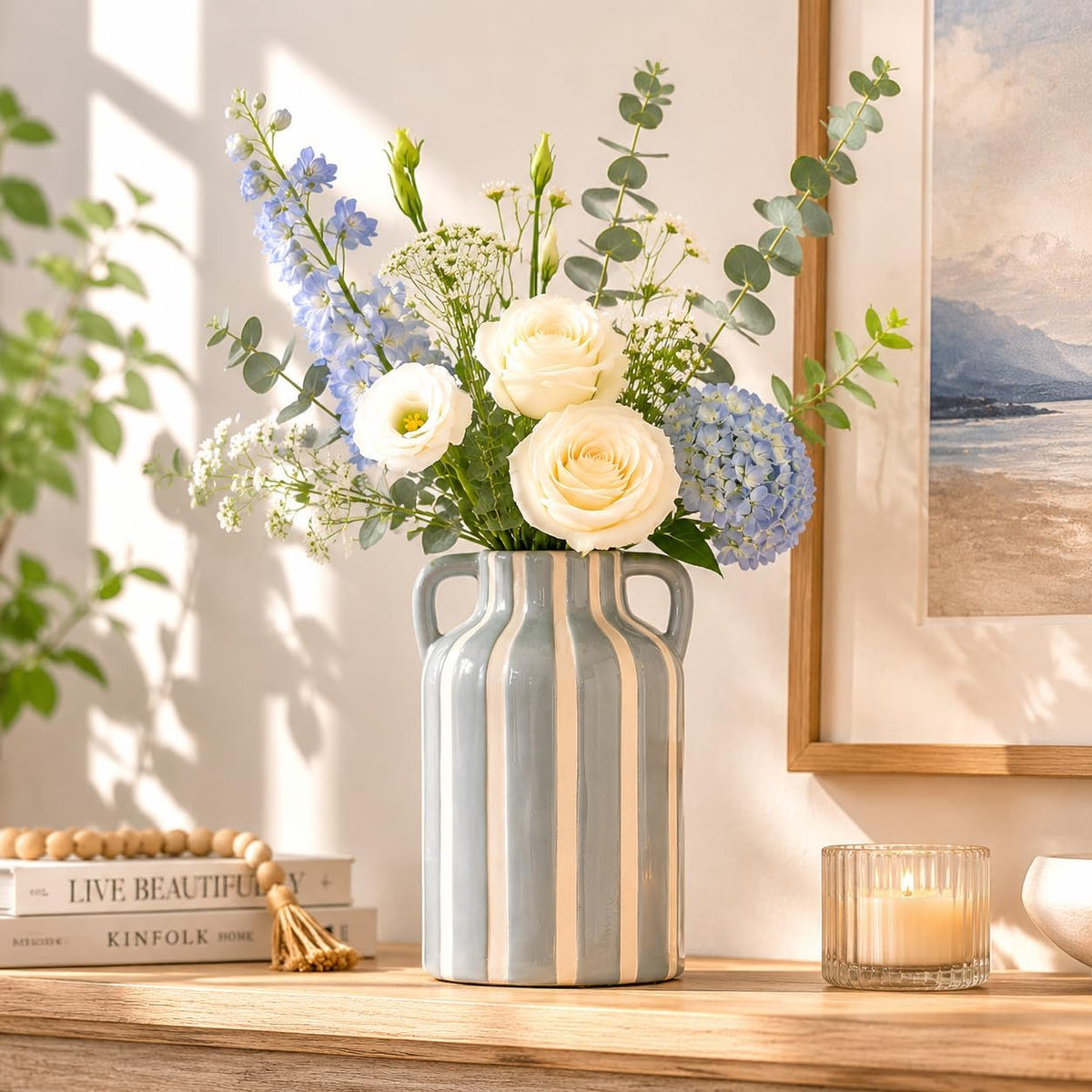 SURE YUESI Grey Ceramic Vase with Handles, Modern Farmhouse Striped Decorative Vase, 9.1" Art Deco Tall Flower Vases for Pampas Grass, Shelf Decor, Dining Table Centerpiece, Living Room Home Decor