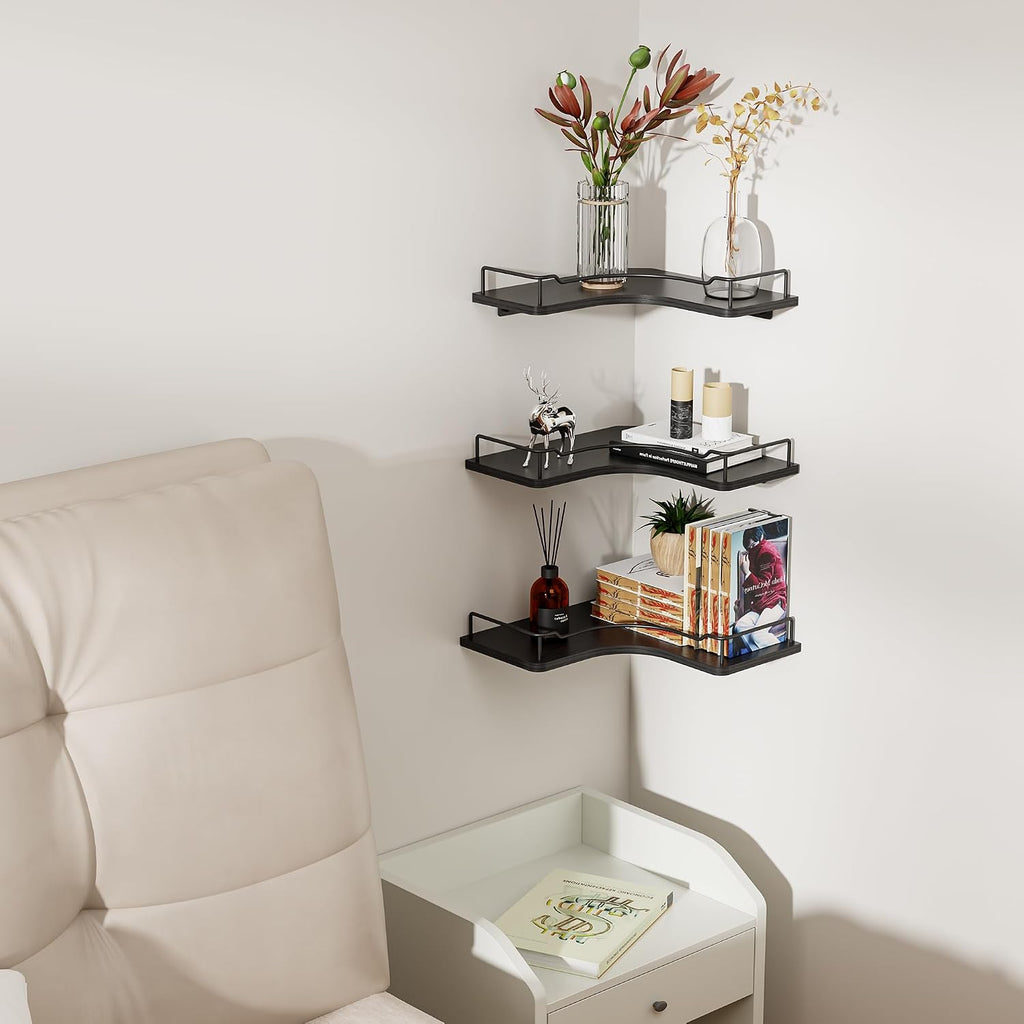 L-Shaped Corner Floating Shelves Wall Mounted Set of 3,Black