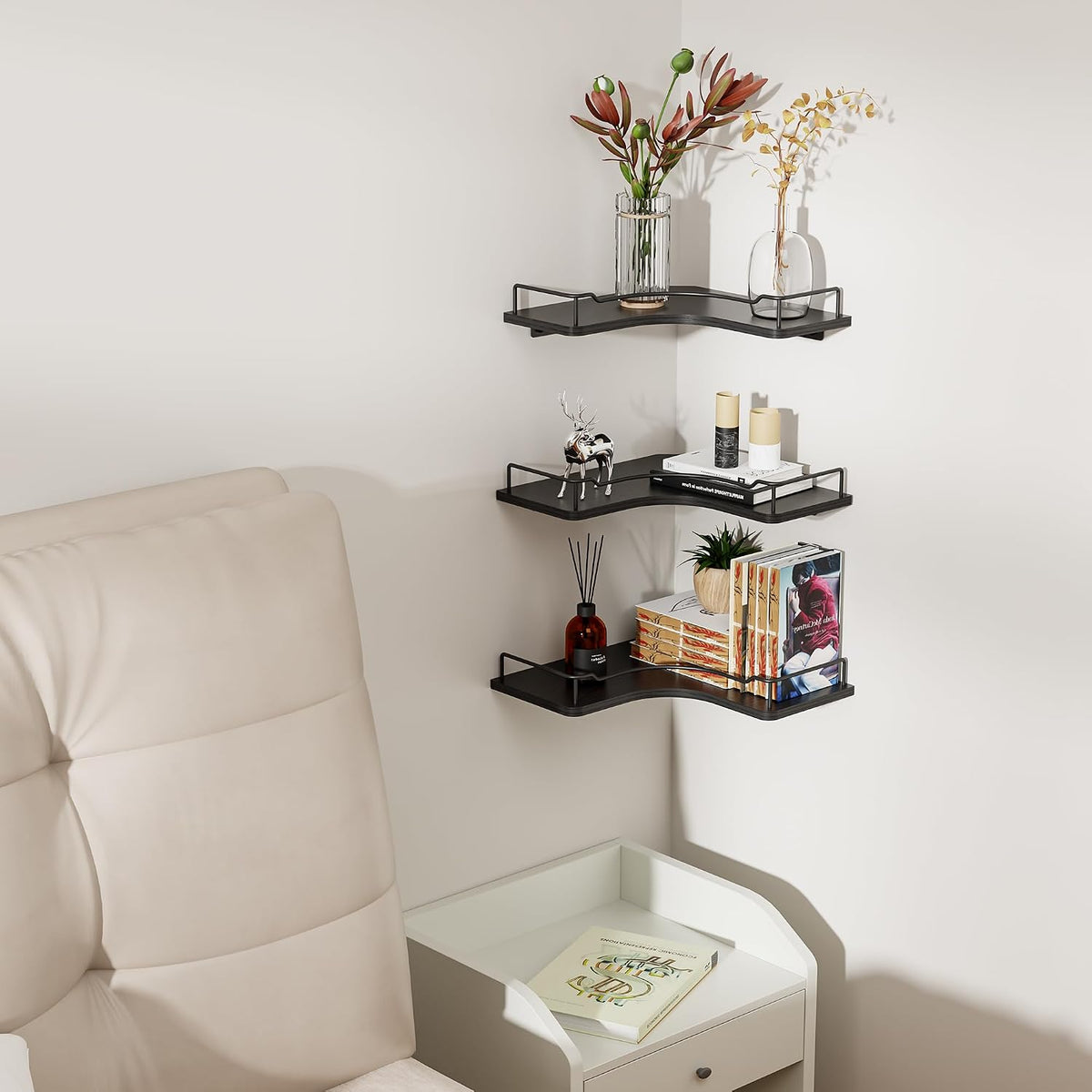 L-Shaped Corner Floating Shelves Wall Mounted Set of 3,Black