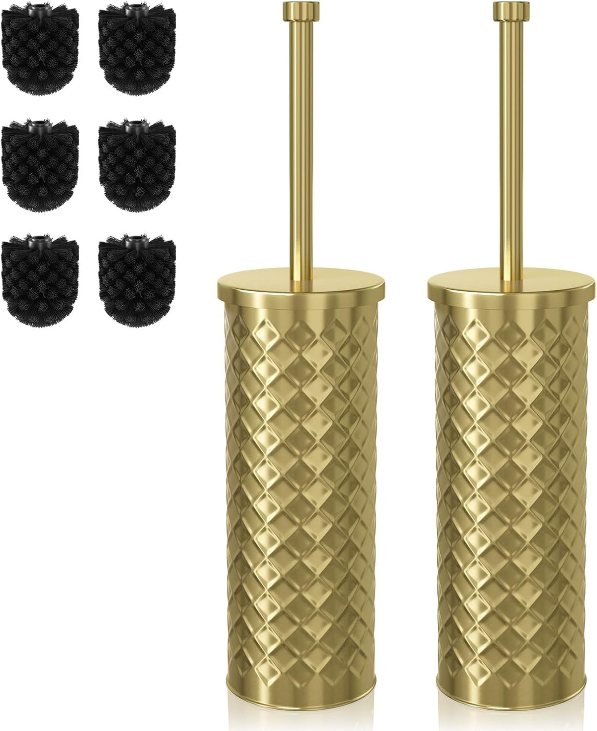Toilet Bowl Brush and Holder Set 2 Pack with 4 Extra Brush Heads (Gold)