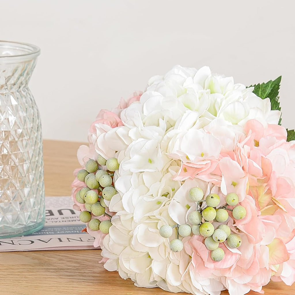 Wracra Hydrangeas Floral Arrangement in Glass Vase; Fake Flowers Pink